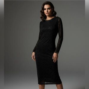 NISSA $579 Black Long Sleeve Diamond Pattern, Gold‎ Beaded Neckline Midi Dress